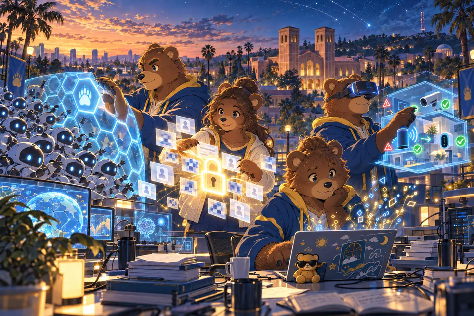 Anime illustration: four bear researchers in blue-and-gold hoodies defend AI agents, private data and smart-home devices from a rooftop lab overlooking the UCLA campus at dusk.